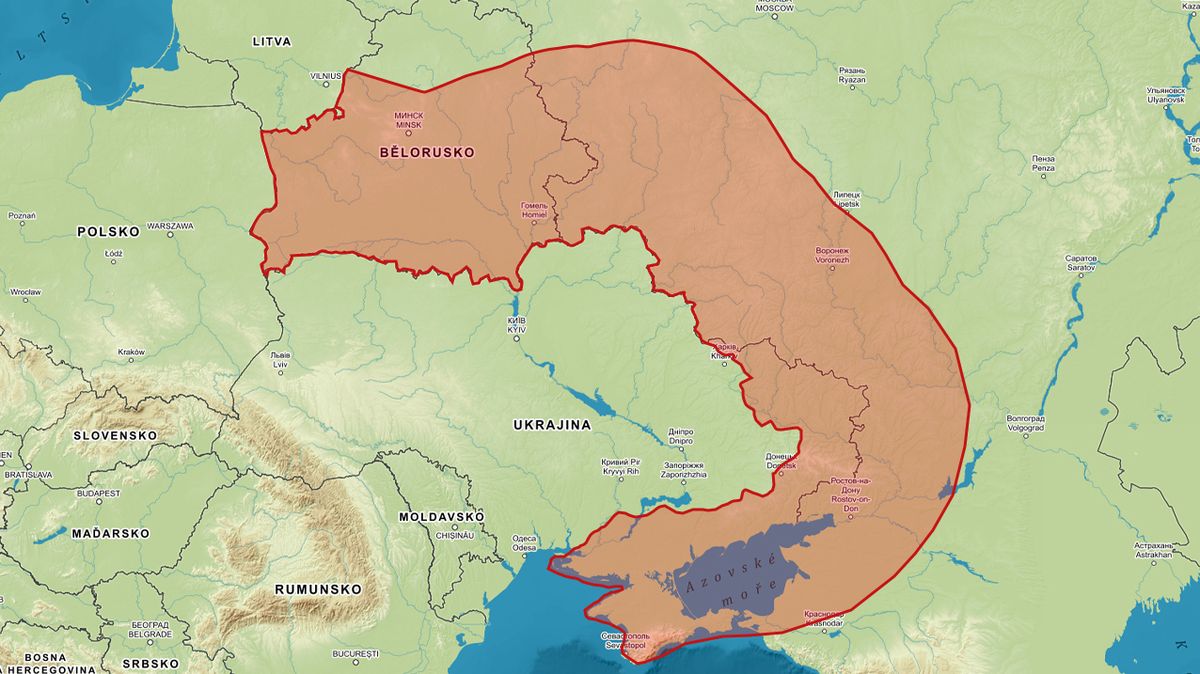 Mapa ukazuje, kde by Rusko zasáhly rakety s dosahem 300 kilometrů
